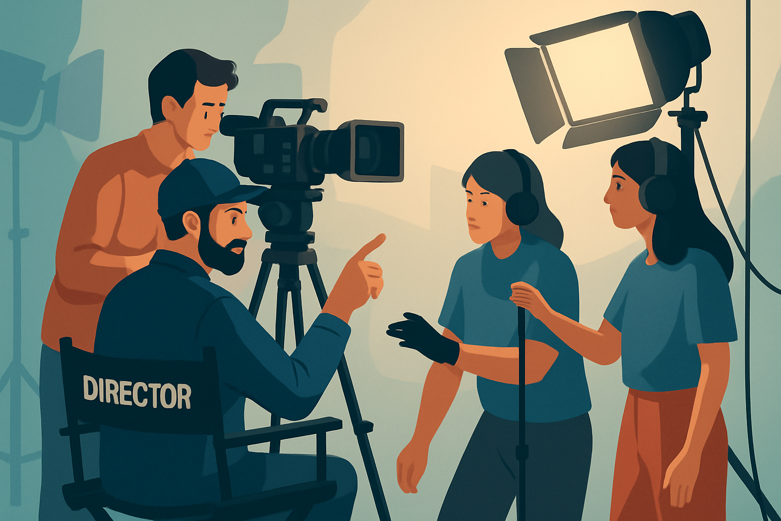 Audiovisual professionals collaborating on a film production set with advanced camera and lighting gear.