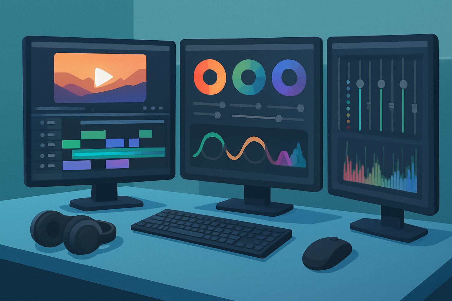 A professional film editing studio with advanced software showing detailed timelines and color grading tools.