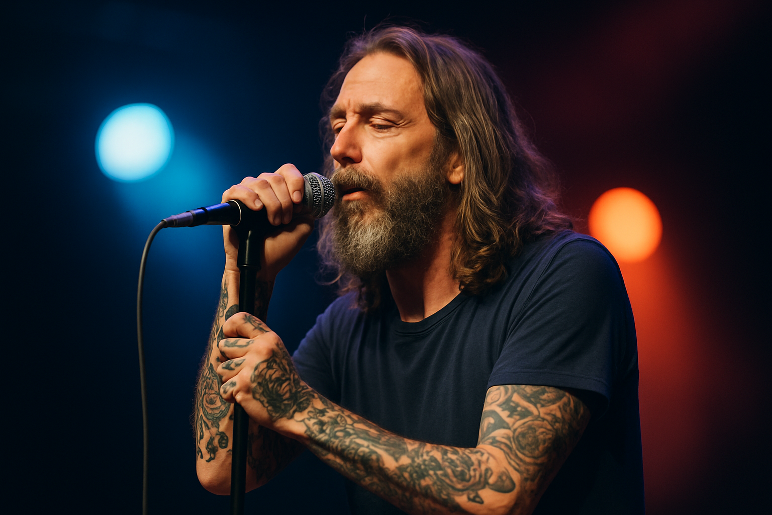 Chris Robinson performing live, highlighting his tattoos as part of his expressive onstage identity.