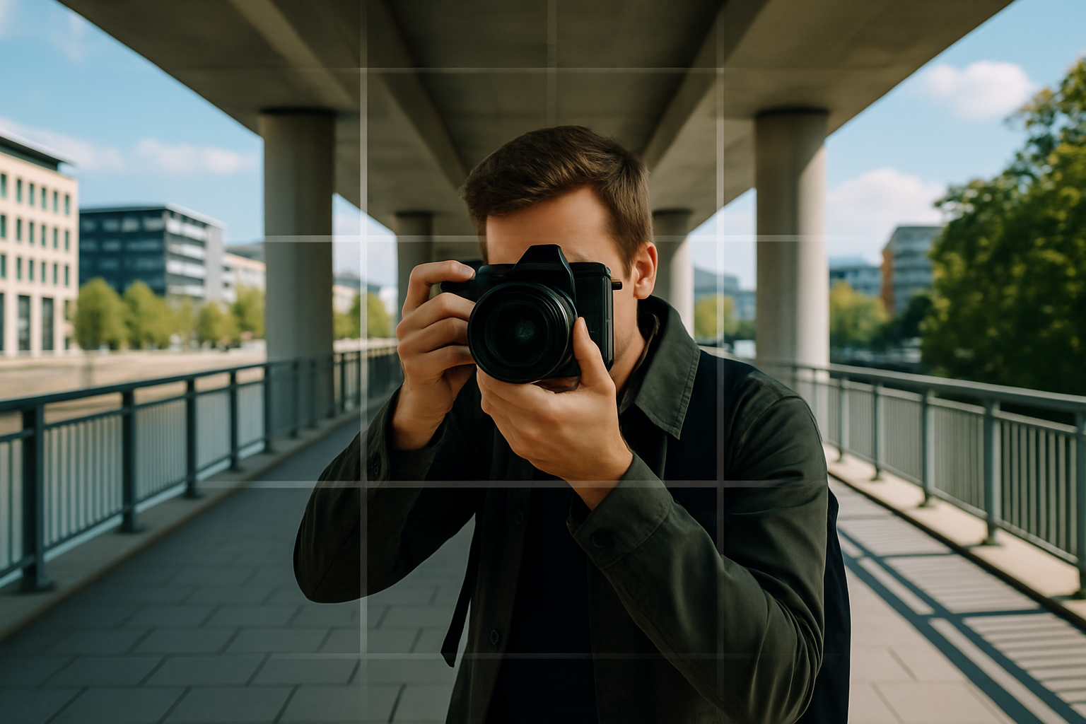 Example of visual language techniques such as rule of thirds, leading lines, and selective focus in a cityscape photograph.