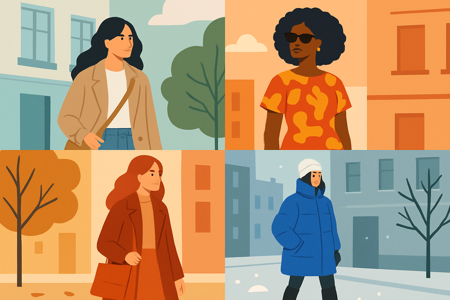 Visual showcase of Madrid street style changes throughout spring, summer, autumn, and winter.