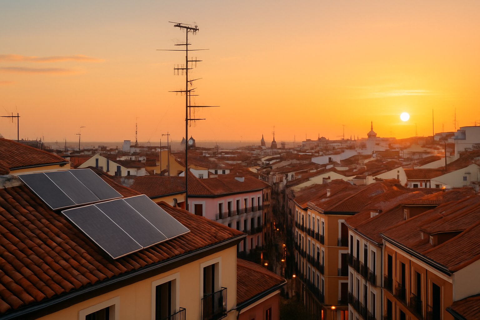Panoramic sunset view over Malasaña’s rooftops capturing vibrant city life and layered architectural elements.