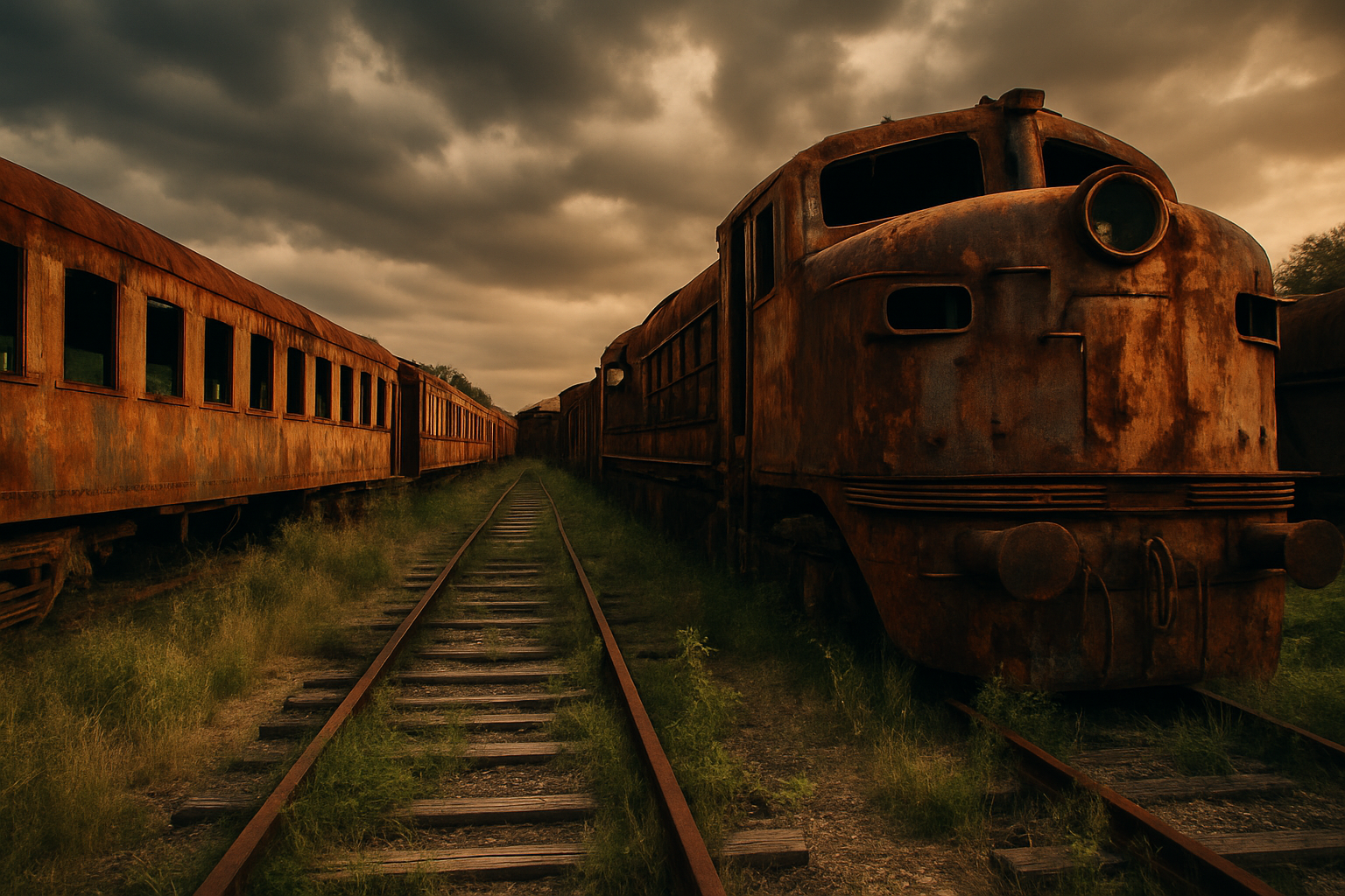 Rusted old trains surrounded by wild vegetation and decayed industrial elements at the Old Train Cemetery.