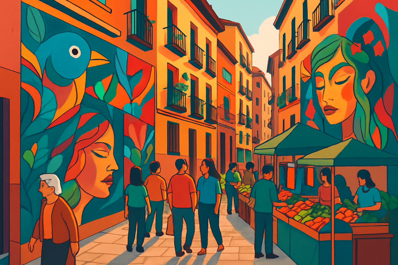 Colorful street art murals and lively market scenes in Lavapiés, capturing the neighborhood