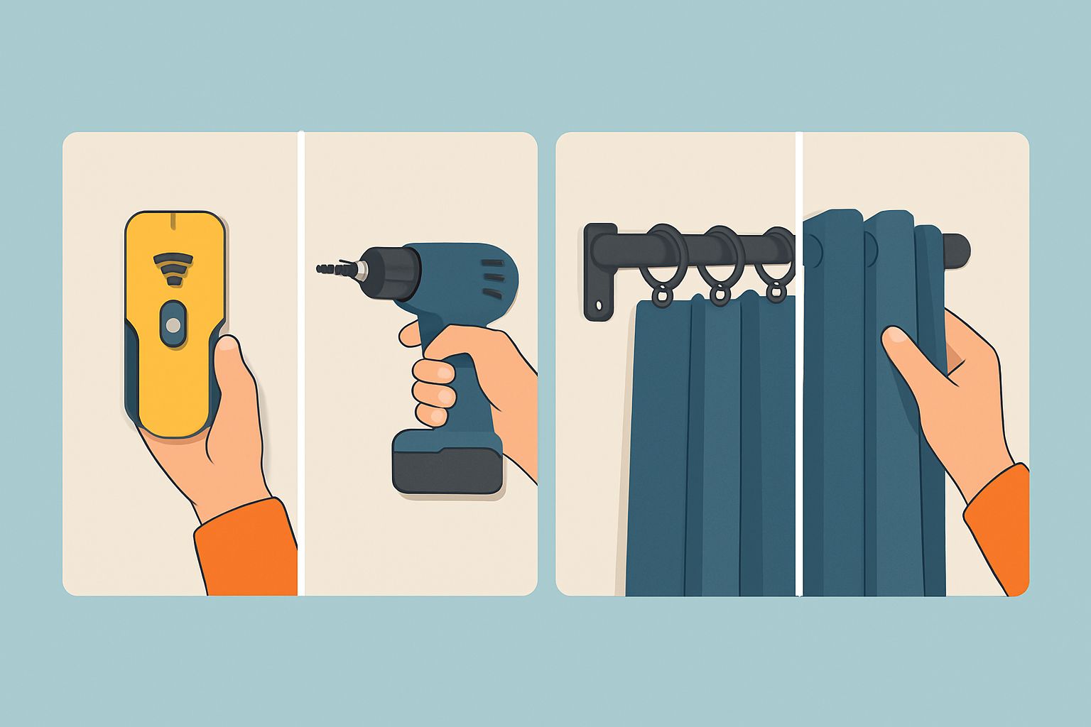 Visual guide depicting the step-by-step installation process for hanging heavy curtains without damaging walls