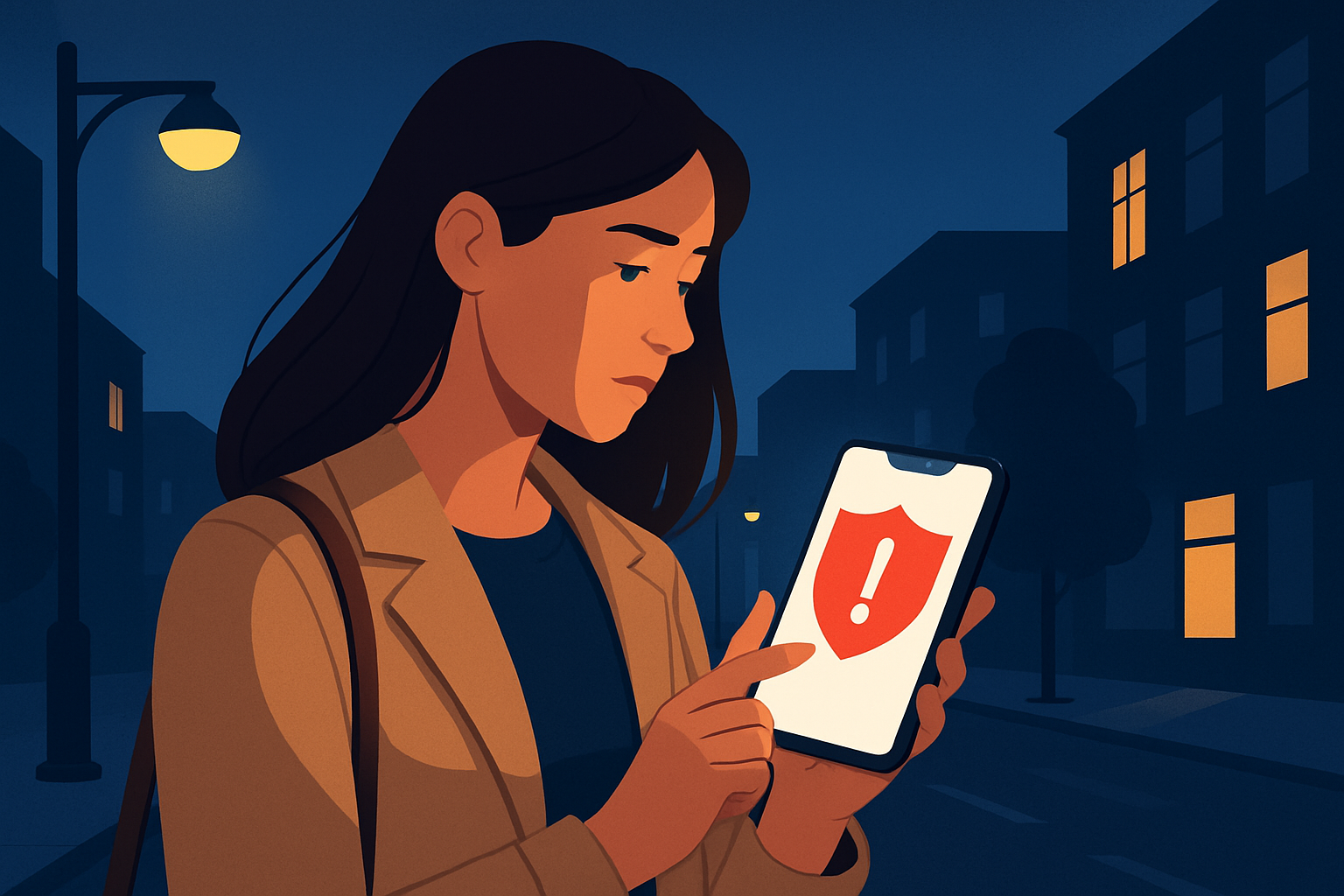 A woman discreetly activating a safety app on her smartphone while walking alone at night.