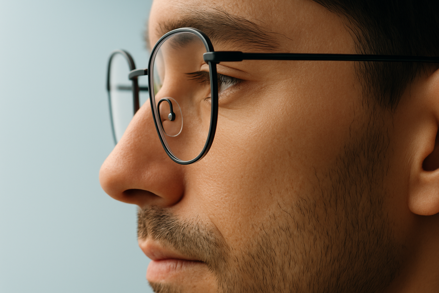 A detailed close-up showing how glasses rest on the nose bridge with visible nose pads.