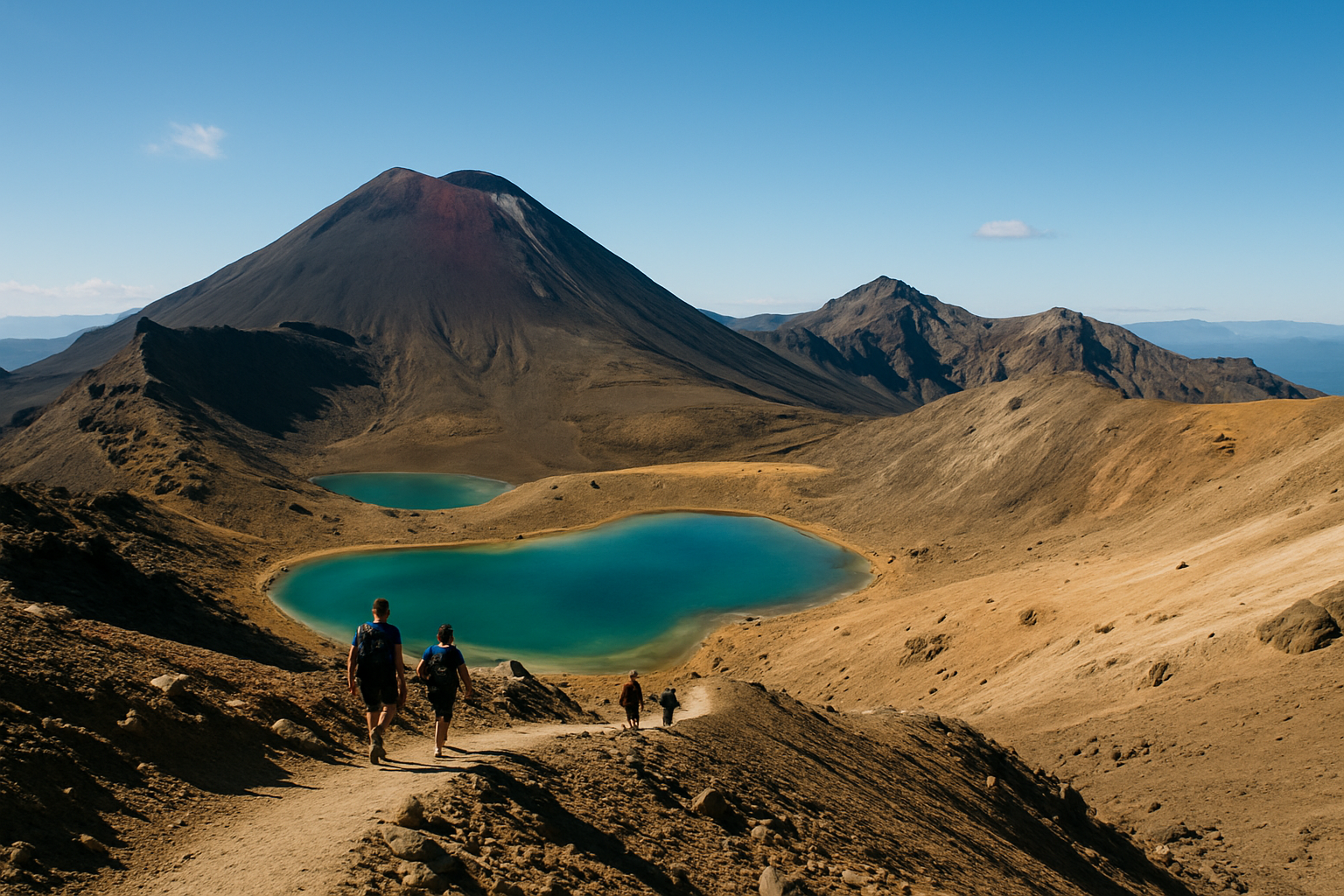 The iconic Tongariro Alpine Crossing showcasing volcanic terrain and stunning alpine lakes, a highlight of North Island adventure.