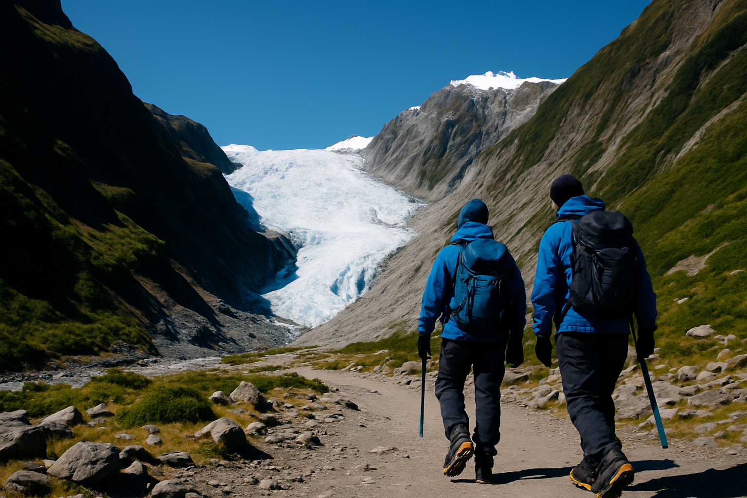 Franz Josef Glacier, showcasing its vast icy expanse with visitors undertaking a guided trek, epitomizing South Island’s rugged adventure.