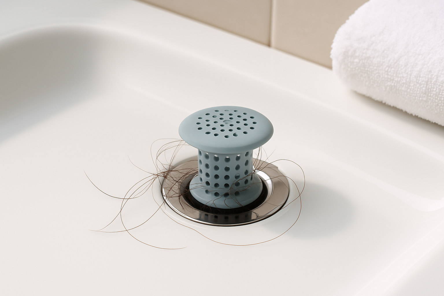 A bathtub drain fitted with a hair catcher effectively trapping loose hair to prevent clogs.