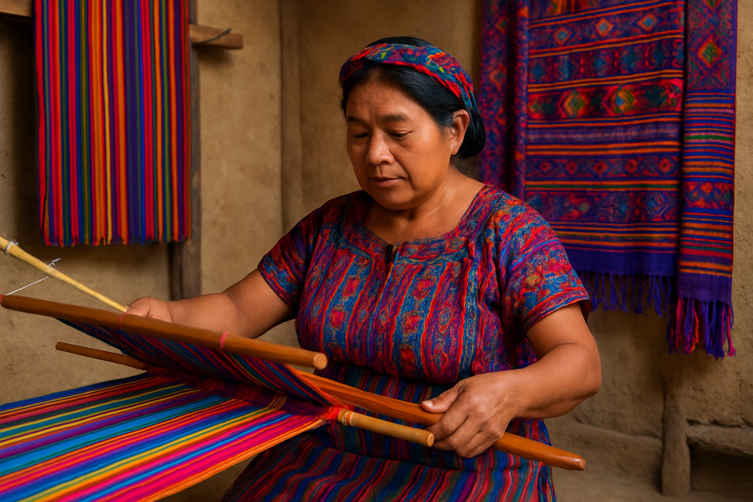 A skilled Guatemalan artisan weaving a traditional huipil using the backstrap loom, showcasing the intricate process and colorful patterns.