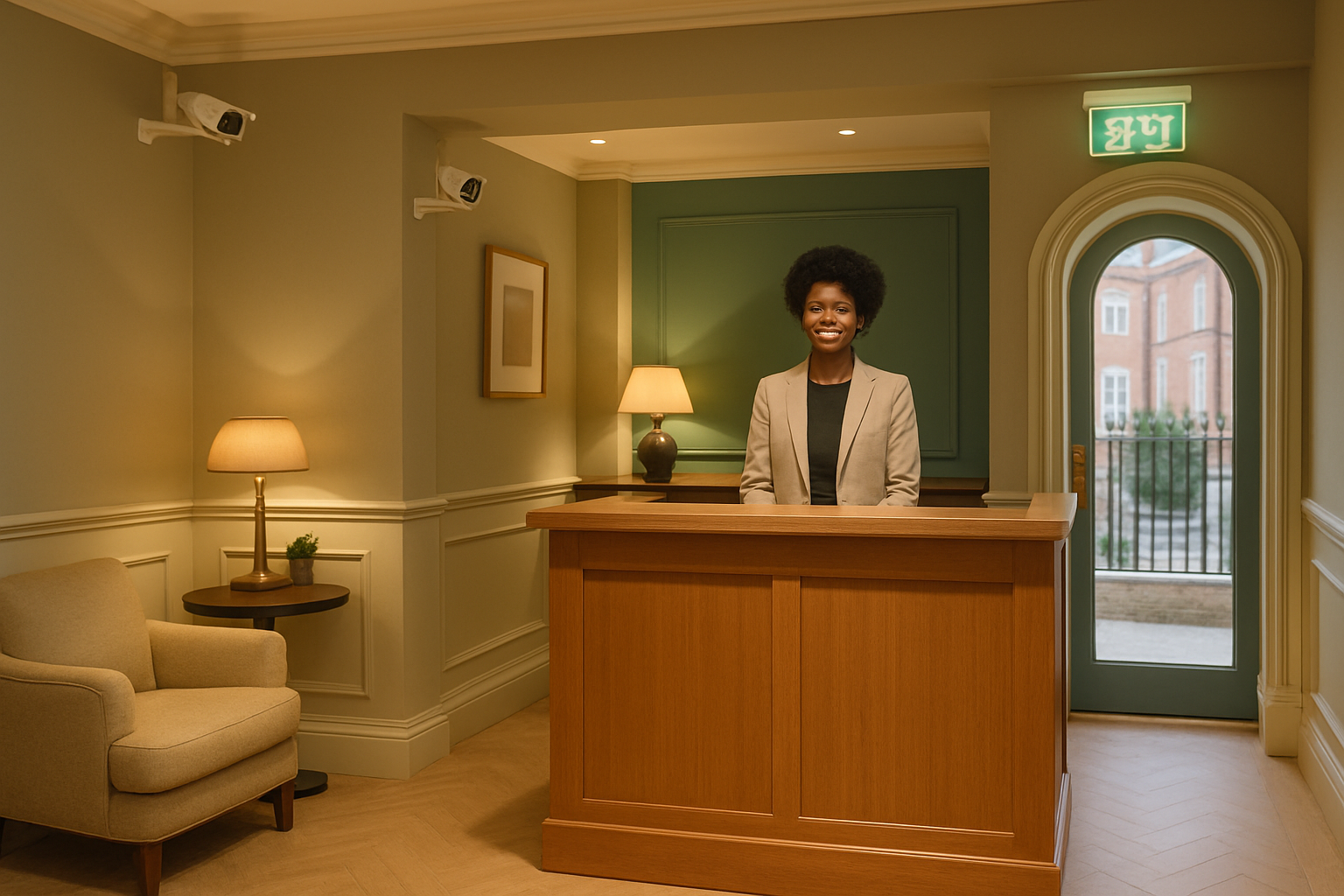 Interior of a safe, well-monitored boutique hotel in London featuring visible security measures and welcoming staff.