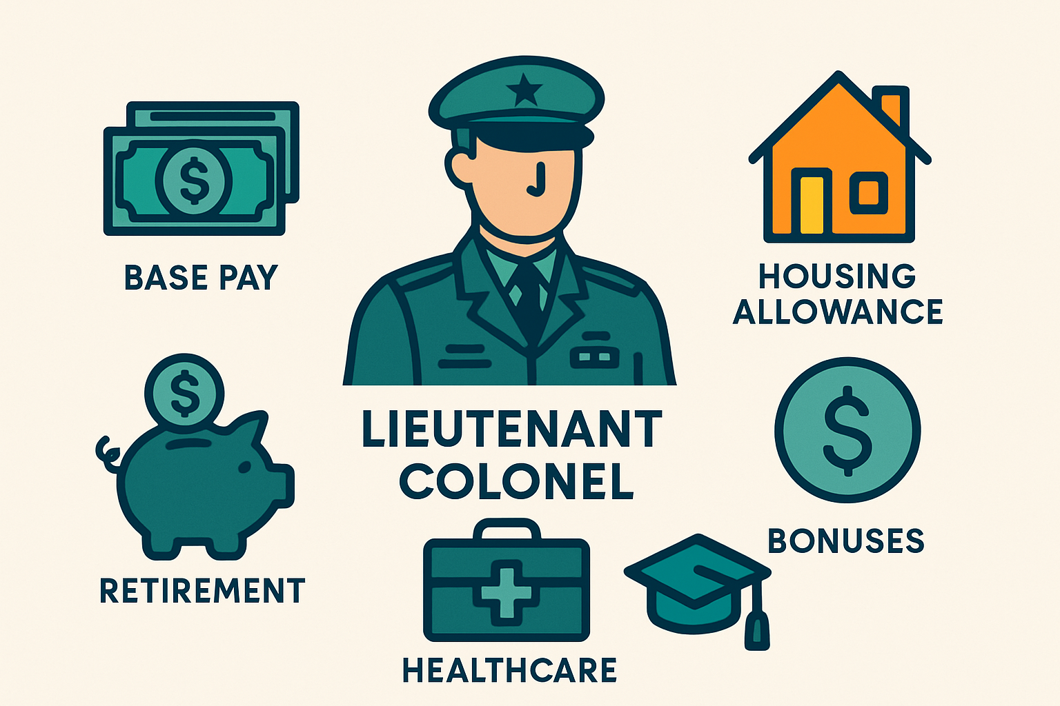 Infographic illustrating the components of a Lieutenant Colonel’s total compensation package including salary, allowances, and benefits.