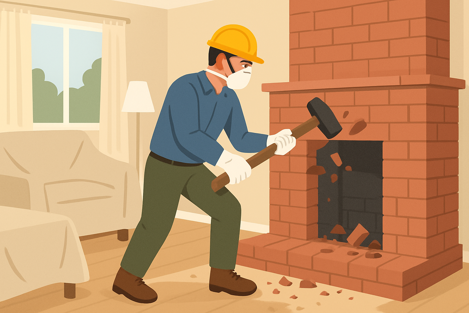 Homeowner safely removing a masonry fireplace following proper safety measures step by step.