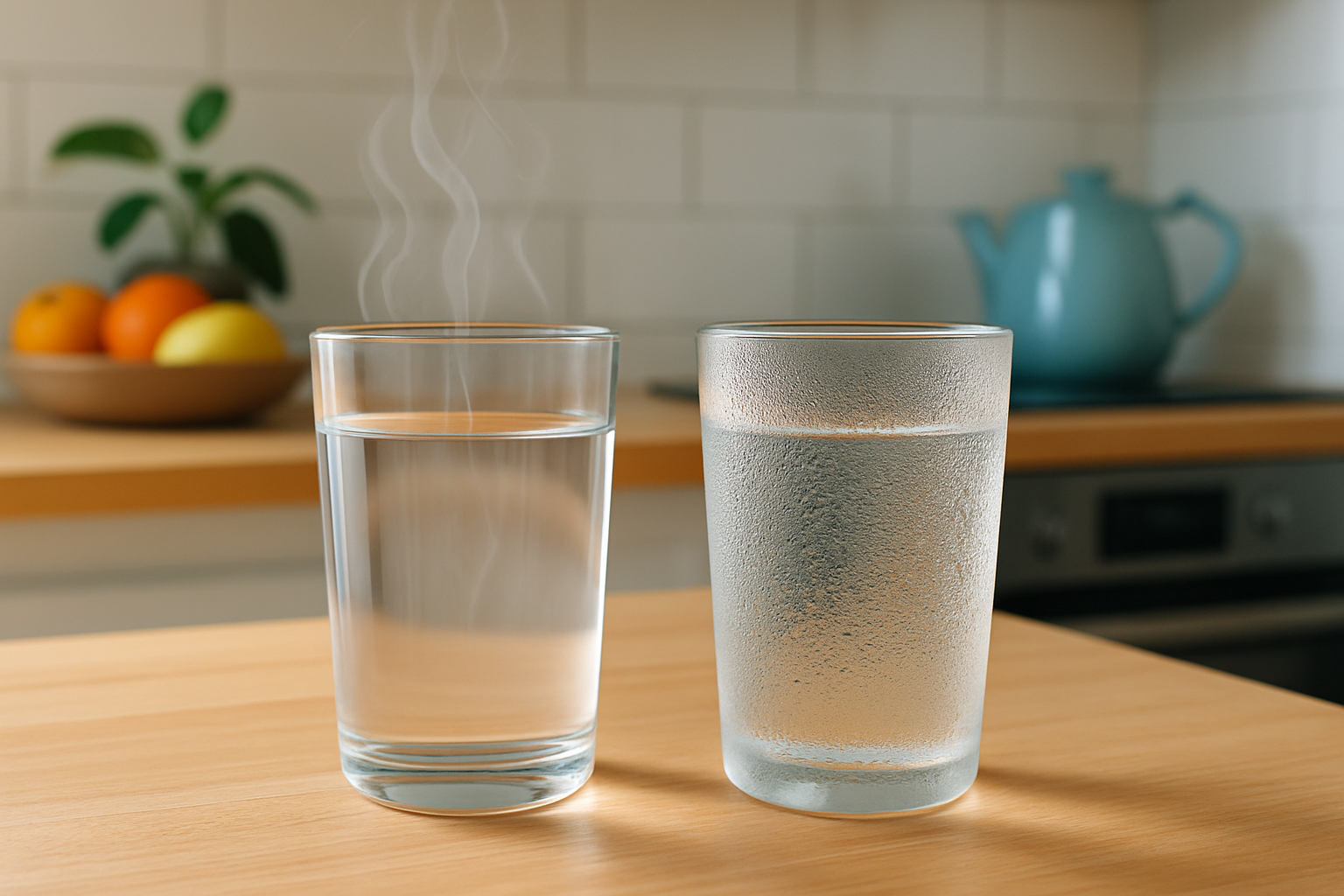Comparison of hot and cold glass with visible condensation on the cold glass and heat-induced distortion on the hot glass