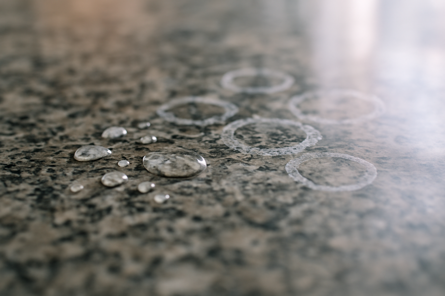 Visual example of water spots and mineral rings on a granite countertop surface
