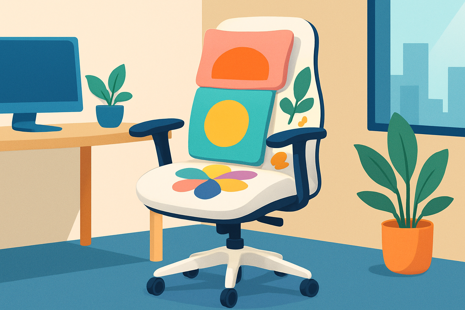An office chair adorned with vibrant cushions and removable decals, showcasing a personalized workspace look.