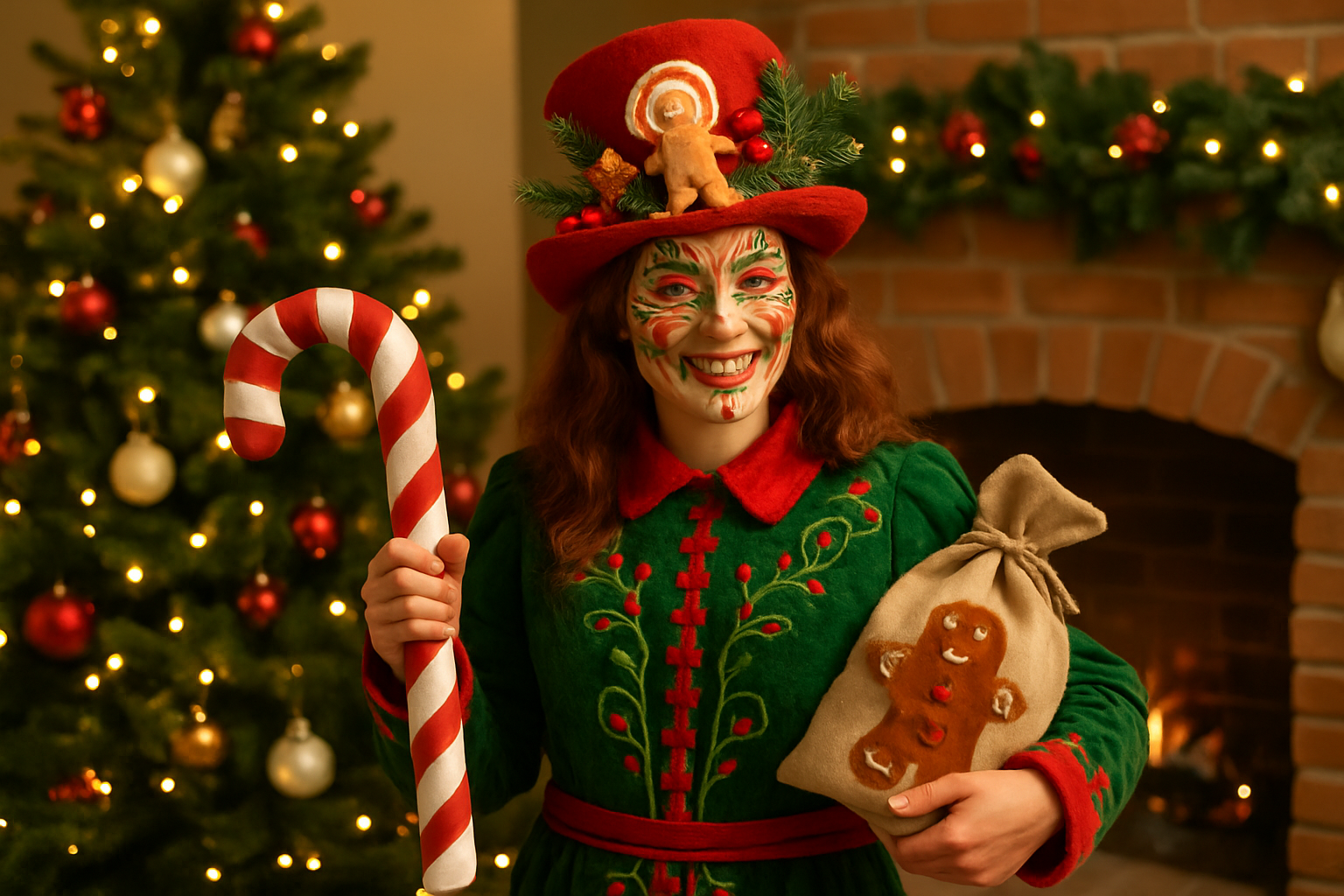 Example of a personalized unusual Christmas costume with detailed handmade props and creative facial makeup