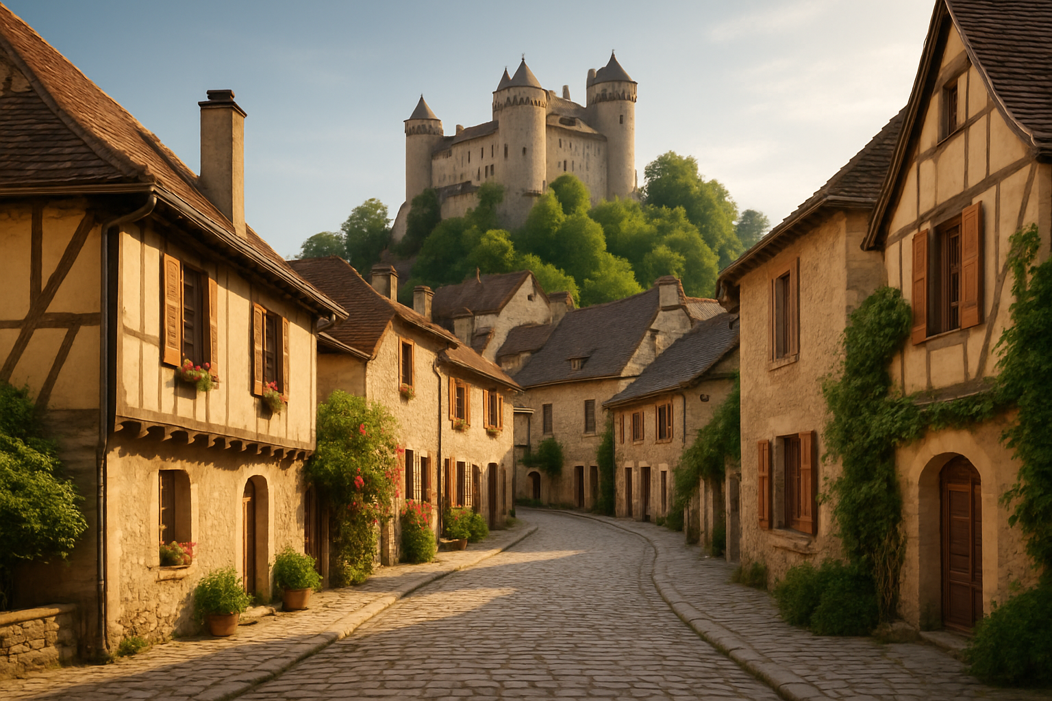 Charming atmosphere of a hidden gem town with historic architecture and scenic views.