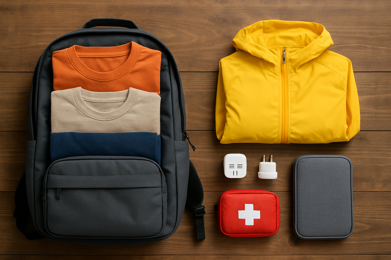 Neatly arranged backpack essentials optimized for multi-climate European backpacking.