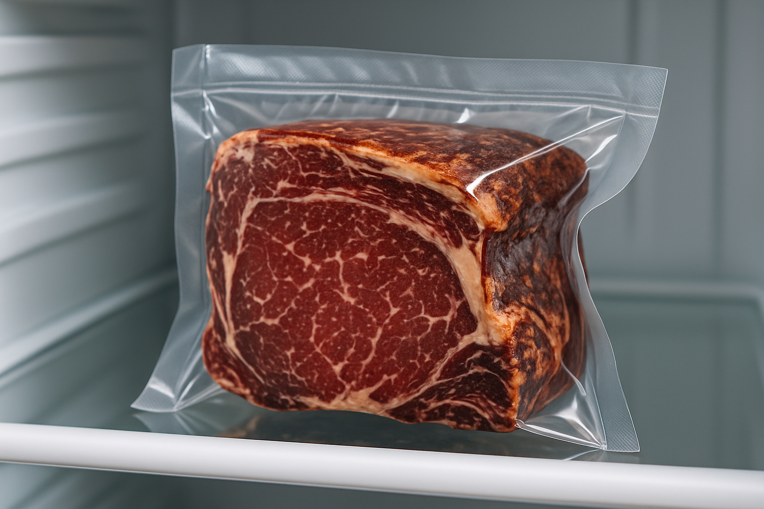 Dry aged beef sealed inside a specialized dry age vacuum bag in controlled refrigeration, illustrating proper setup for home dry aging.