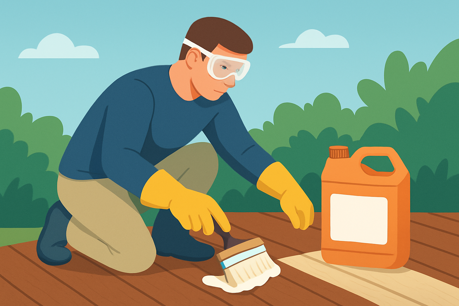 Applying chemical deck stripper on a wooden deck with proper safety gear.