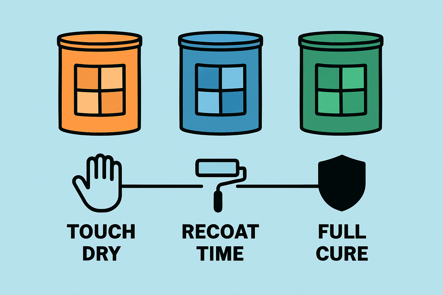 Visual diagram illustrating the drying timeline of different tile sealers and key milestones (touch dry, recoat, fully cured)