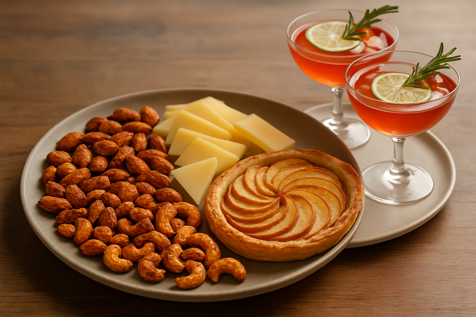 Food pairings alongside sour apple pucker drinks including cheese, spicy snacks, and apple desserts.