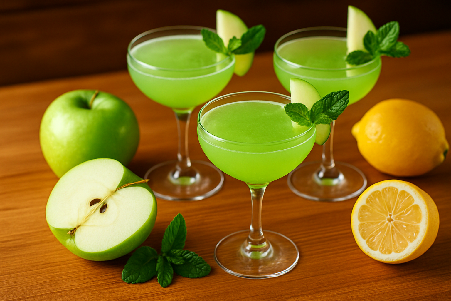 A vibrant collection of sour apple pucker drinks showcasing fresh garnishes and vibrant green hues.