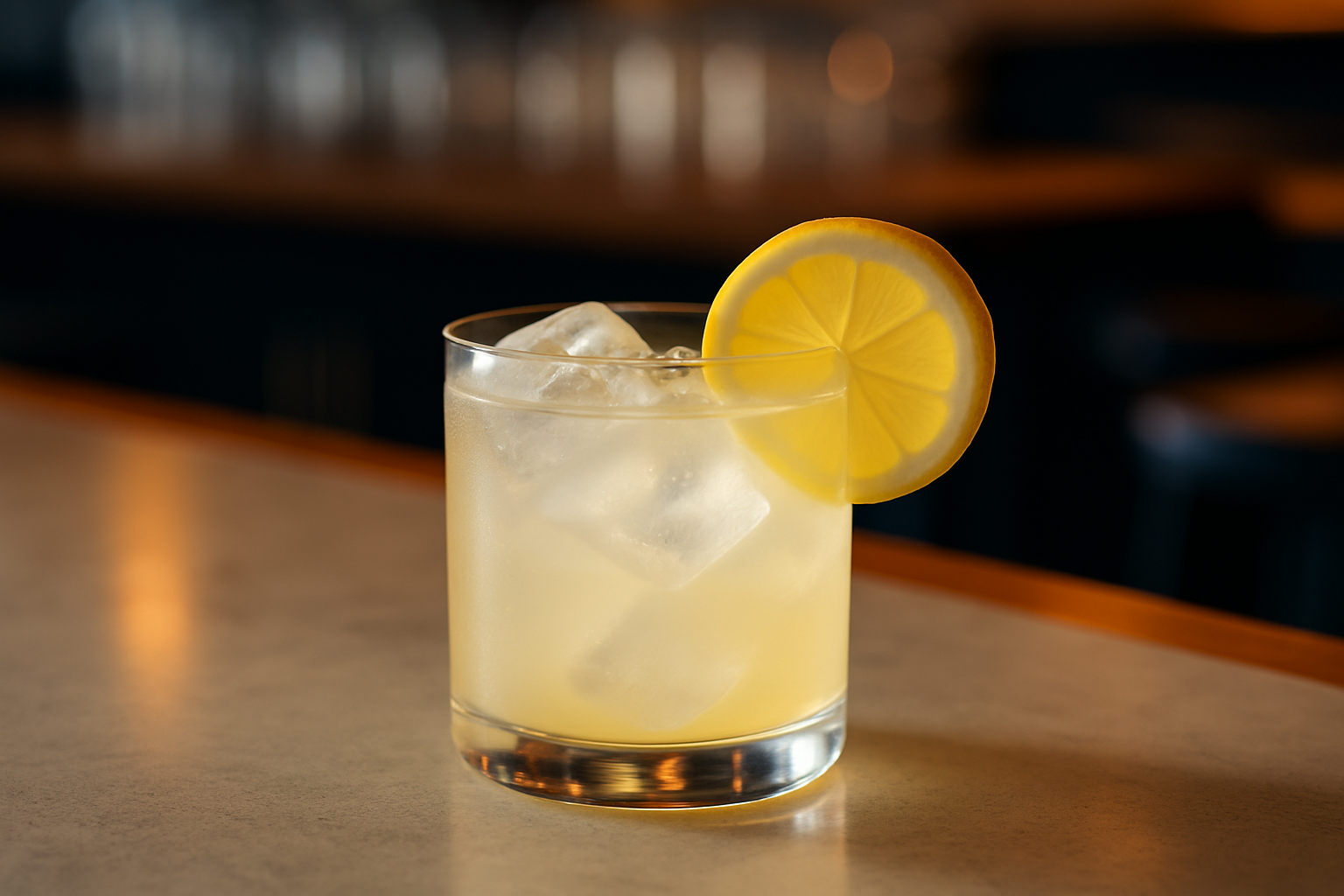 A classic lemon sour cocktail served in a stylish rocks glass, garnished with a fresh lemon slice and shimmering ice.