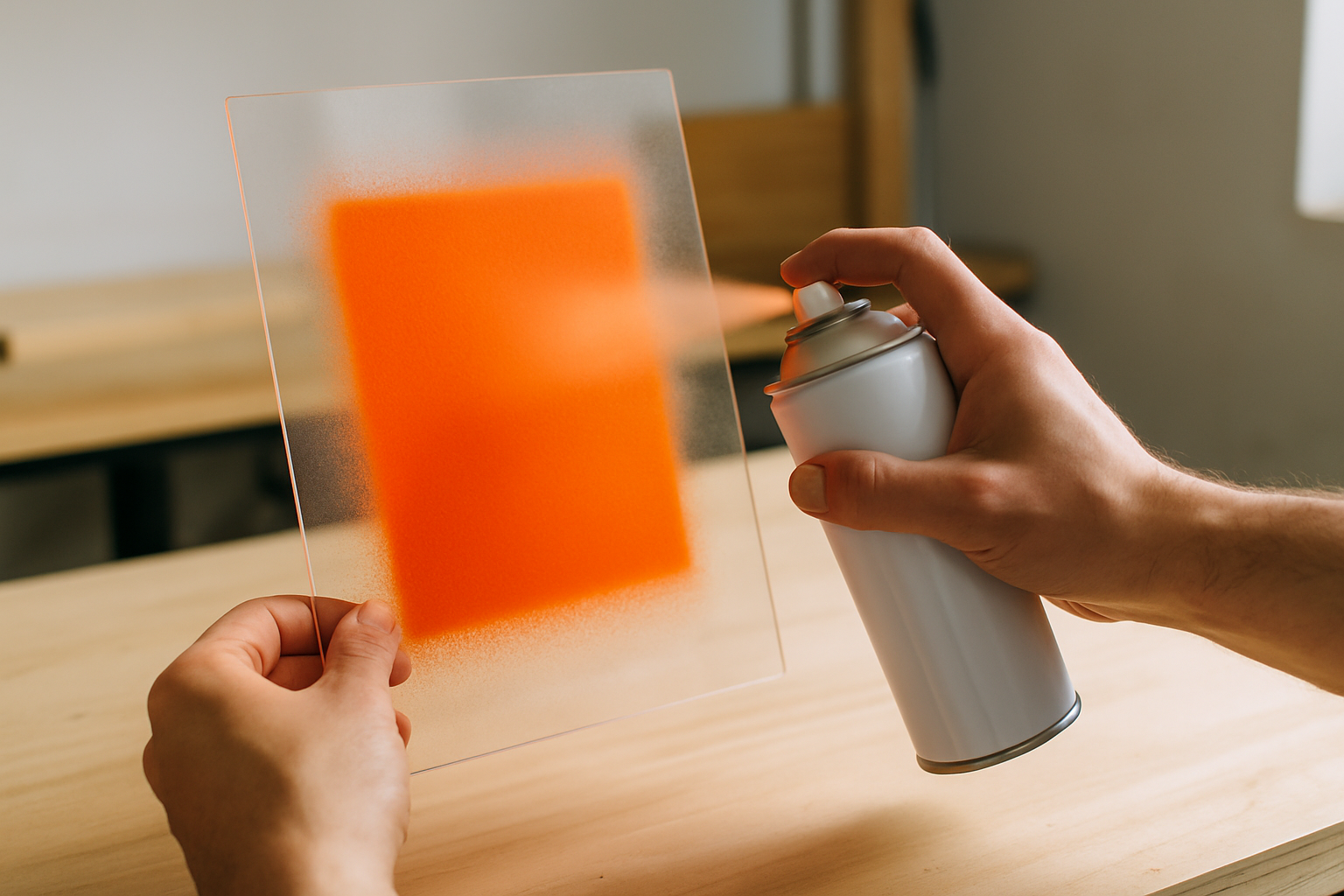 Acrylic plastic panel being painted with spray paint showing smooth, even coverage.