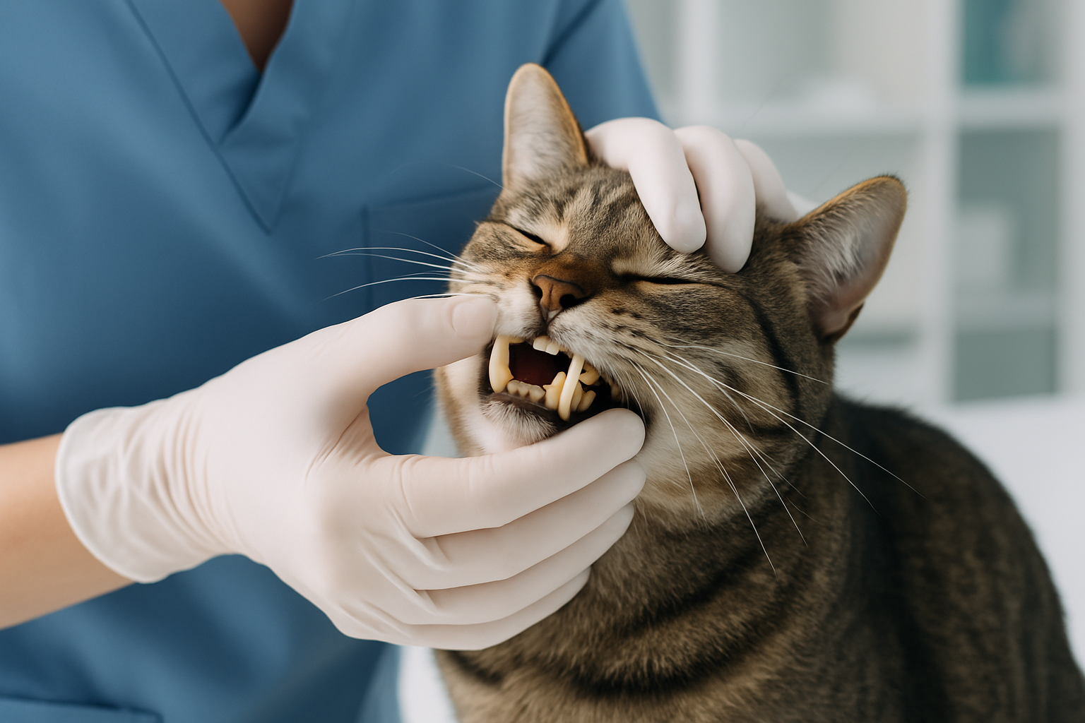 Veterinarian examining a cat’s yellow teeth to diagnose dental health issues