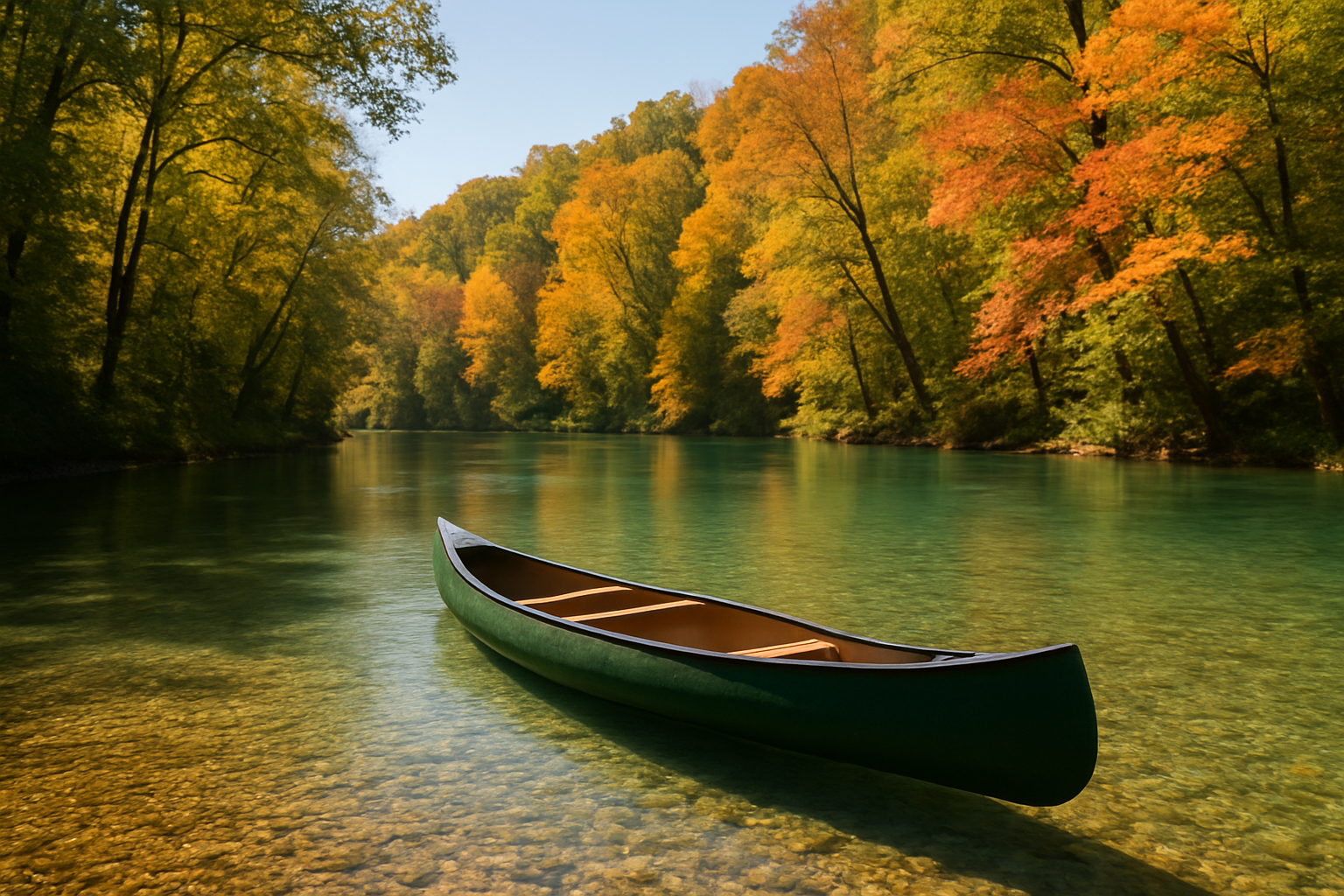 Canoeing through the vibrant autumn forest in Ozark National Scenic Riverways
