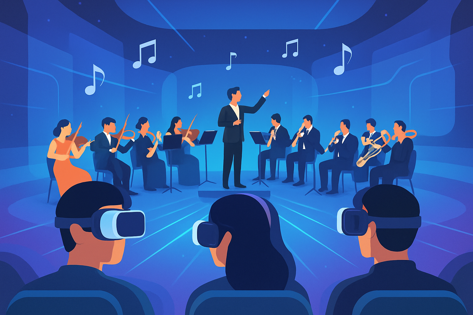 A virtual reality classical music concert showing a futuristic orchestra performance experienced through VR technology, symbolizing the fusion of tradition and innovation.