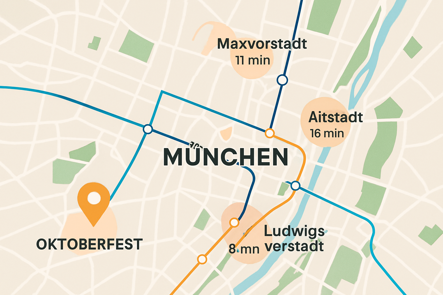 Map showing Munich neighborhoods in relation to Oktoberfest grounds with transit options and distance markers