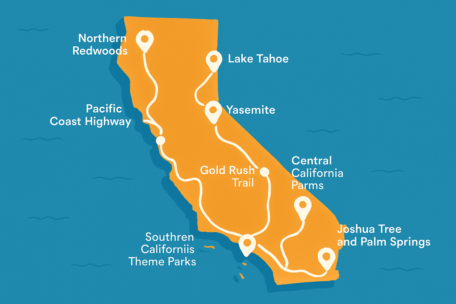 Map of California showing the locations of all recommended family road trip routes