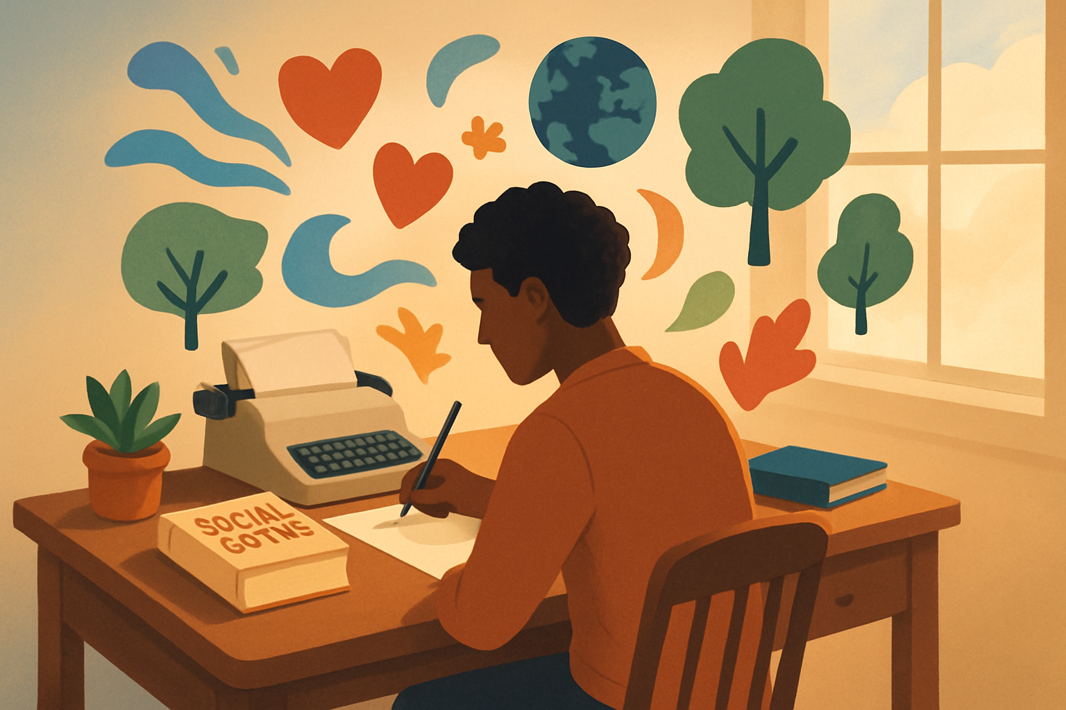 An evocative scene showing a poet immersed in creativity, surrounded by symbolic visuals representing love, nature, emotions, social justice, identity, and spirituality.