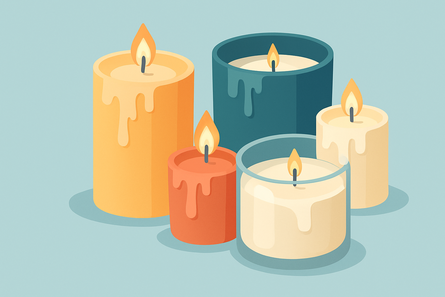 Different types of candles setting, illustrating varied shapes and containers.