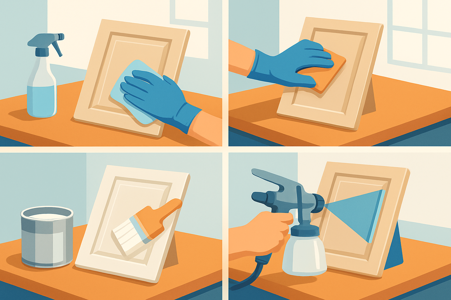 Visual depiction of the essential steps in the cabinet painting process for durability and professional finish.