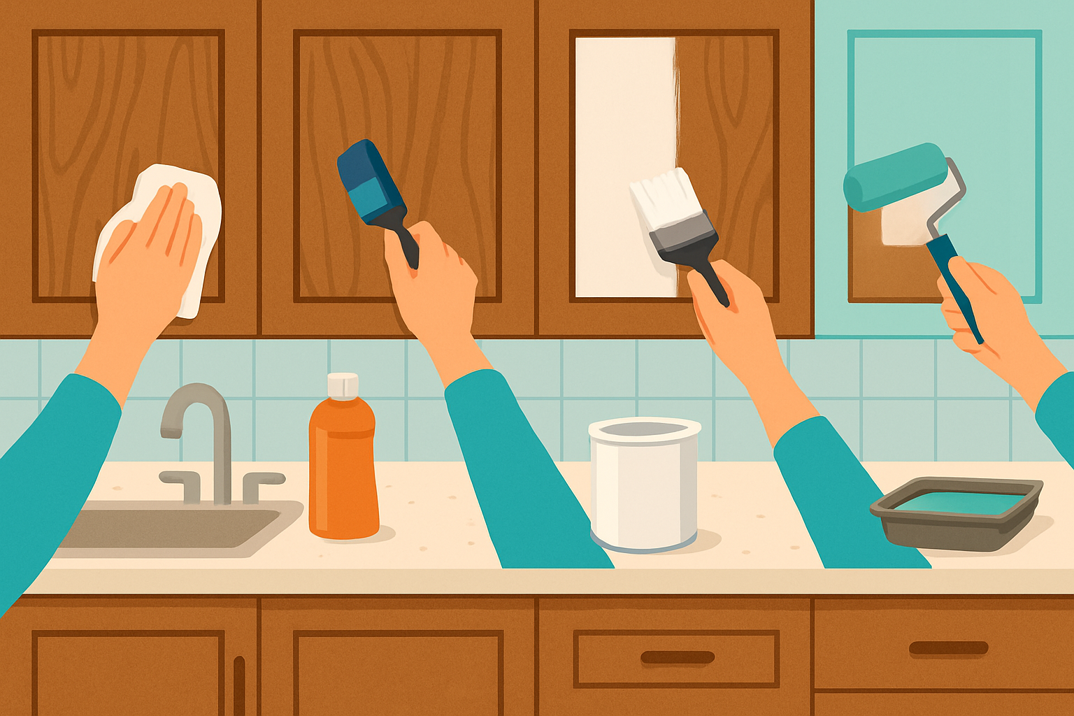 Visual depiction of the step-by-step painting process on stained wood cabinets