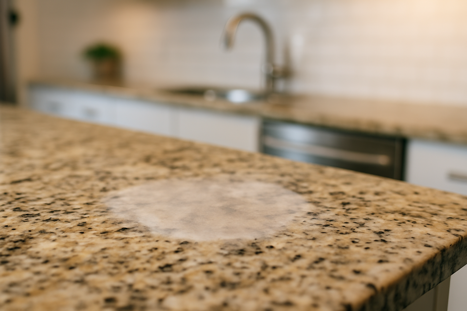 Granite countertop exhibiting common acetone damage such as discolored and dull spots.