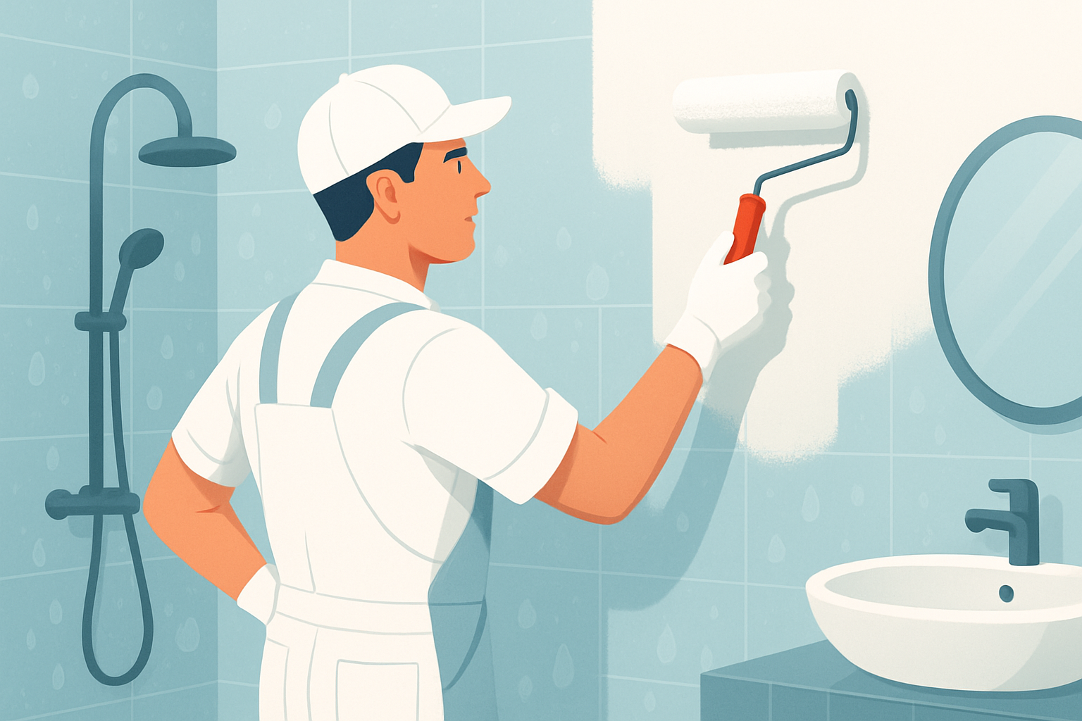 Painter applying the recommended white paint carefully to bathroom walls designed for high humidity resistance