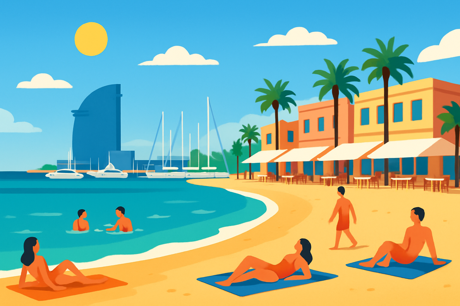 Barcelona’s vibrant Barceloneta Beach on a sunny afternoon with beachgoers and marina views.