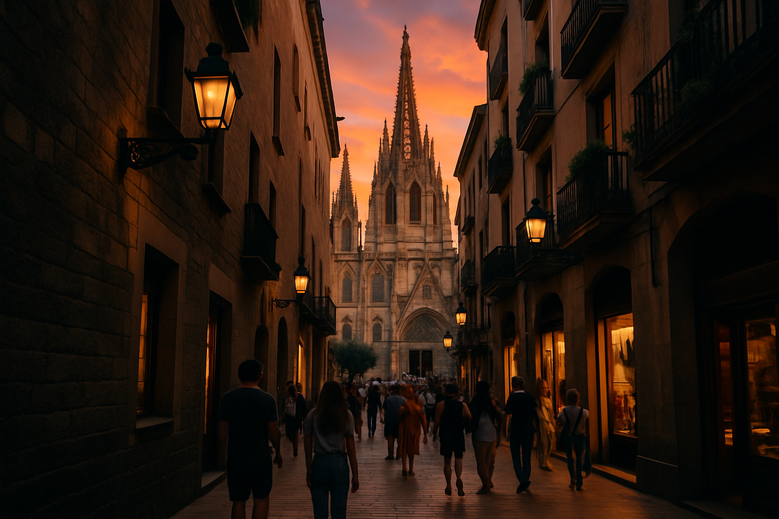 The atmospheric Gothic Quarter at sunset showcasing its historic streets and vibrant pedestrian energy.