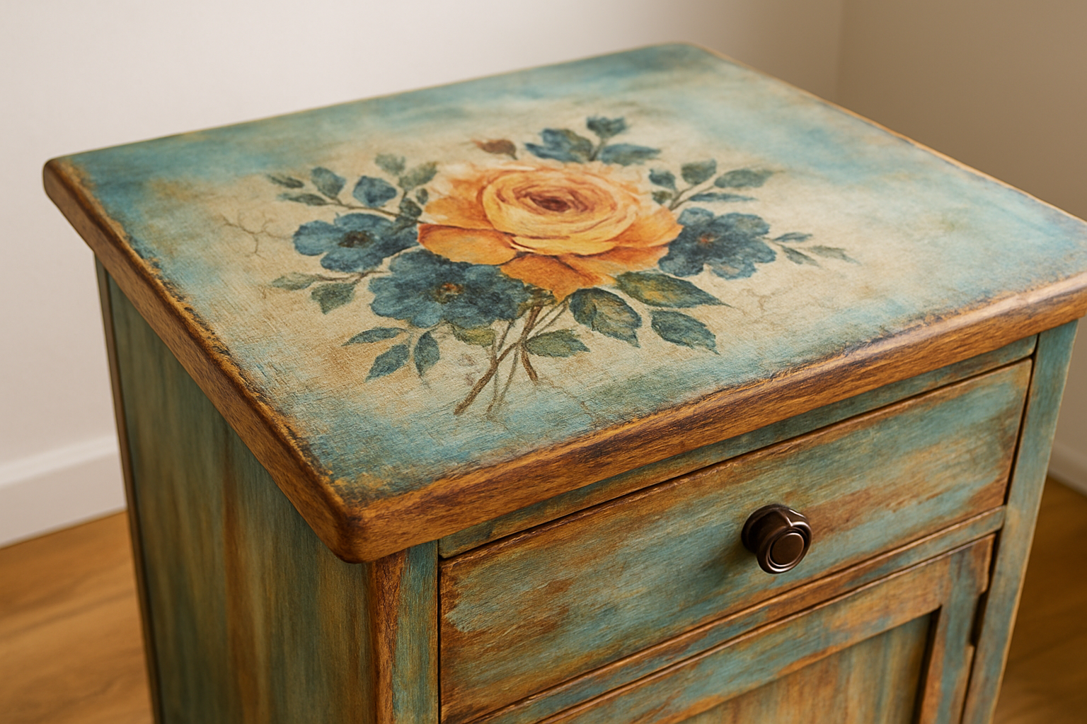 Example of a creatively enhanced wood transfer on furniture using distress and paint techniques.