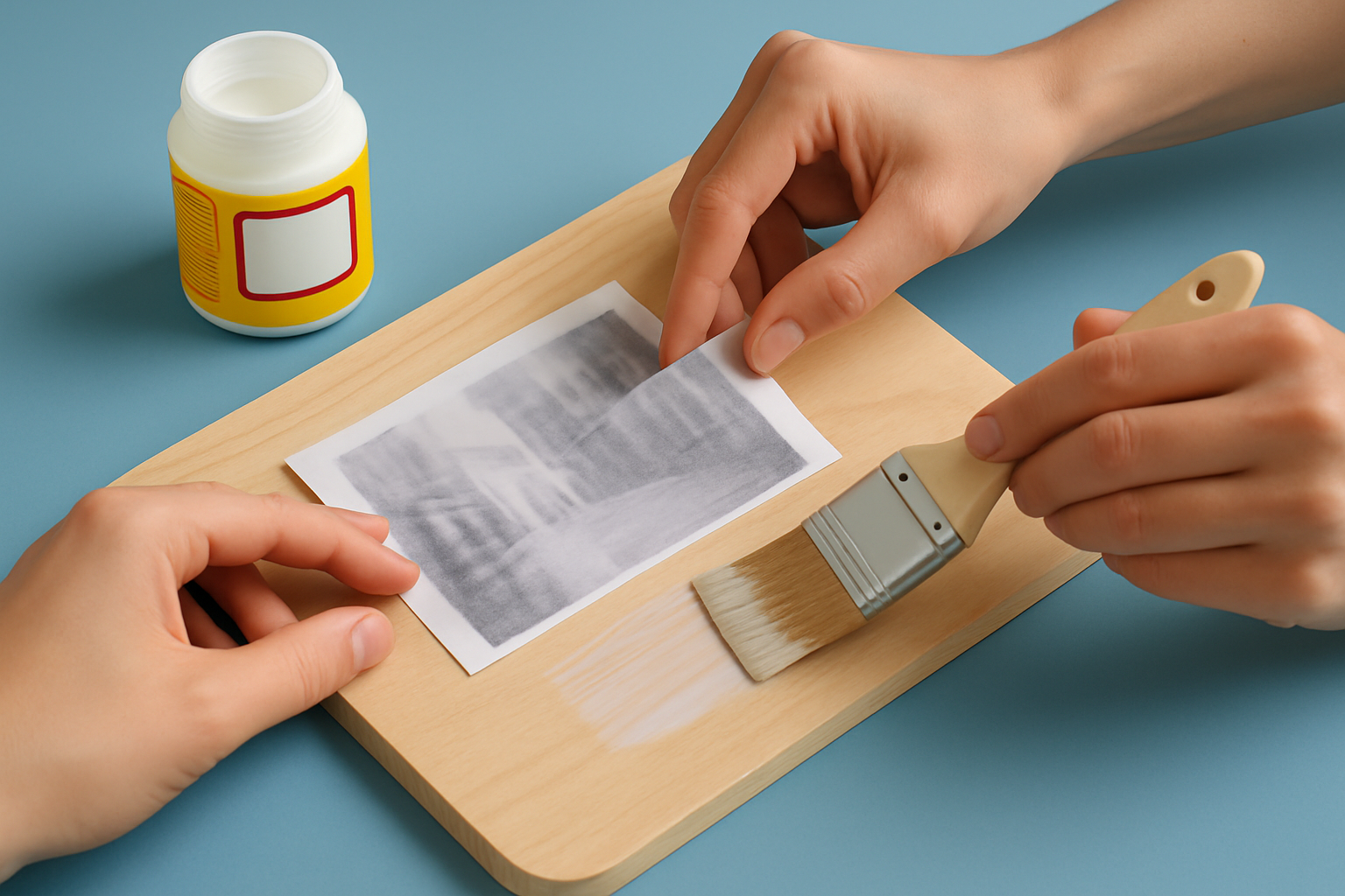 Step-by-step process showing application of Mod Podge and positioning of image for transfer on wood.