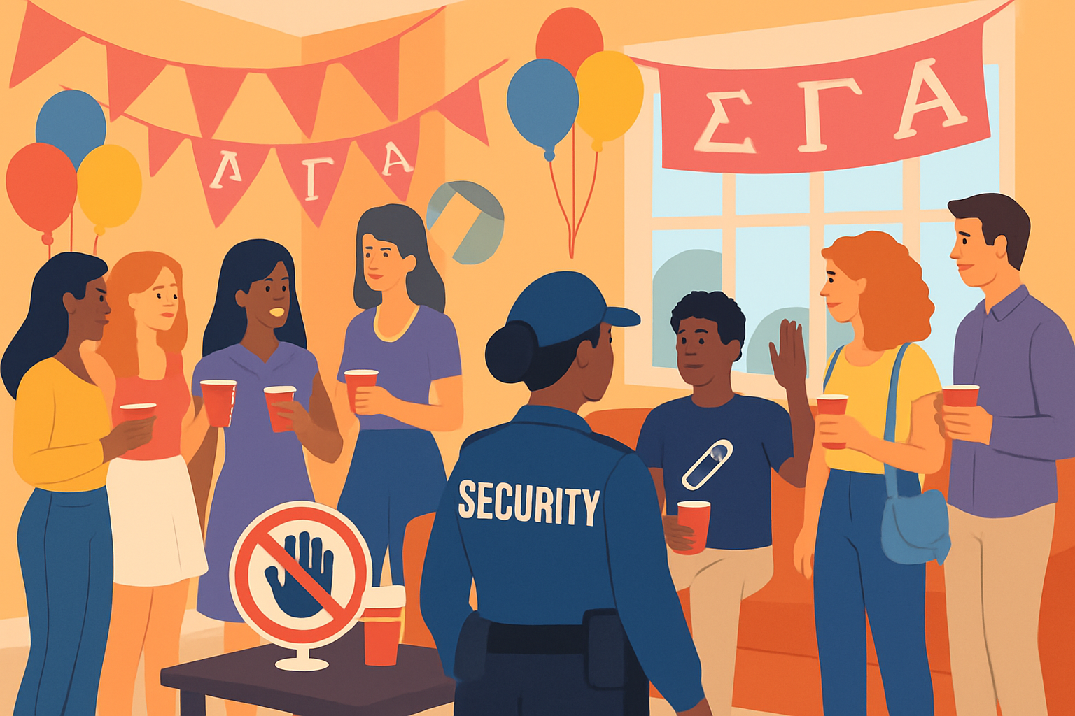 A responsible sorority party on campus property with visible safety precautions and organized event atmosphere