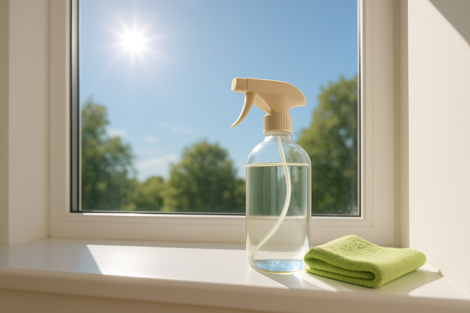 Window cleaning setup showing spray bottle with homemade window washing solution and microfiber cloth ready for use