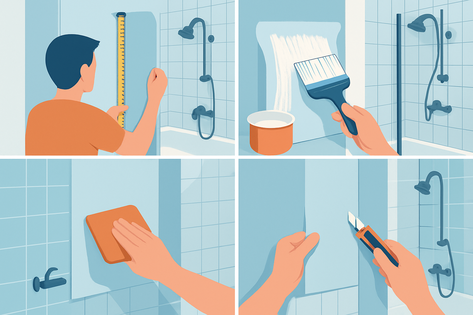 Visual guide illustrating key steps in wallpaper installation for bathroom shower areas.