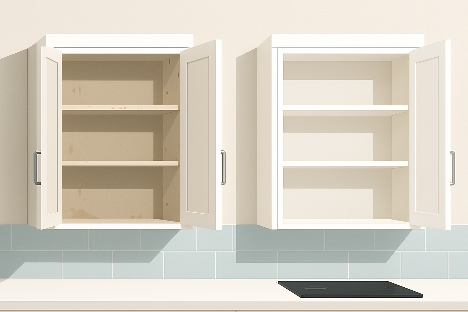 Visual example of painted cabinet interiors showing before and after comparison